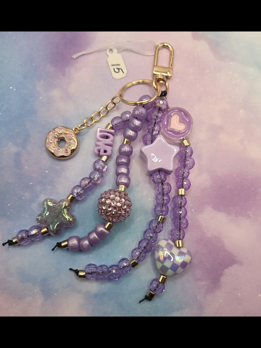 Purple Beaded Charm Keychain with Heart & Star Accents